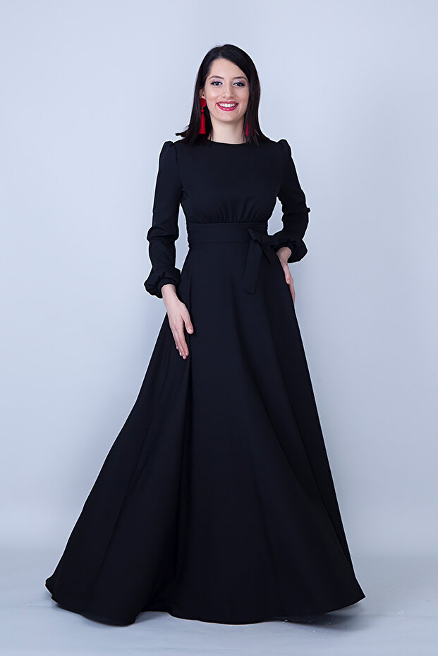 Black Crew Neck Long Sleeve Woven Fabric Waist Drawstring Belted Maxi Length Invitation & Evening Dress with Pockets