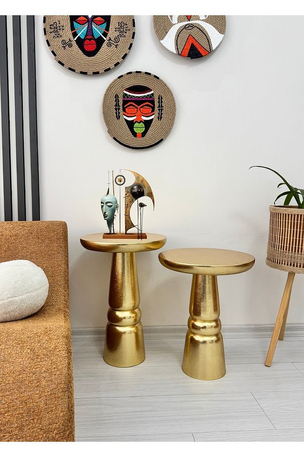 Ahşap 2’li Set Handmade Mantar Yan Sehpa Modern Altın Renk Varak Jelatin Fiskos Zigon Çiçeklik - 1