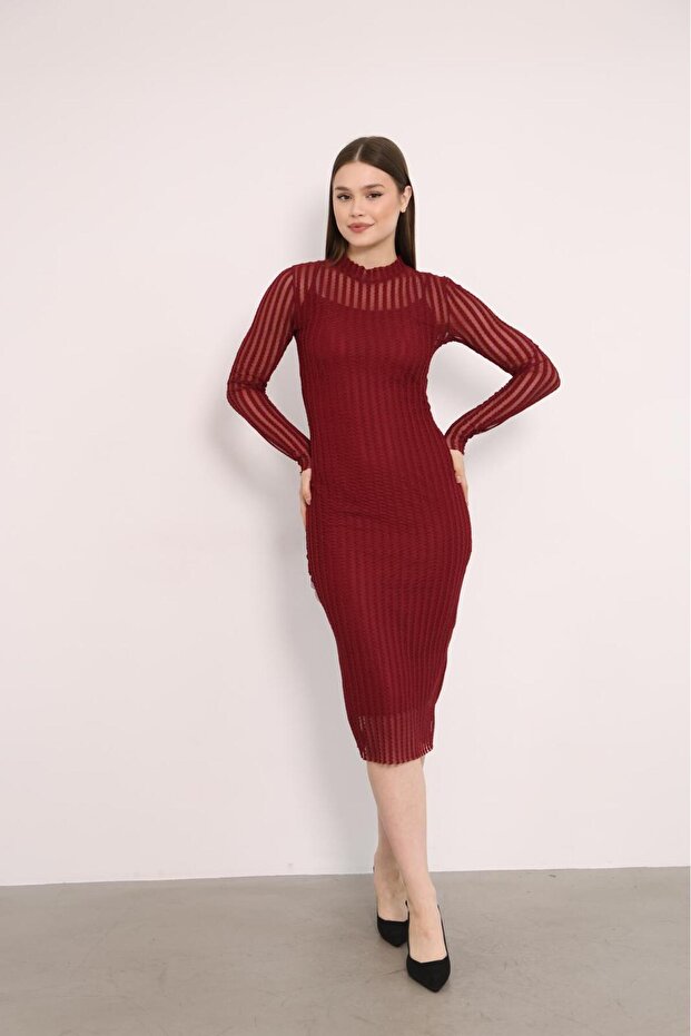 Burgundy Twisted Tulle Print Inner Lined Long Pencil Dress 10.241