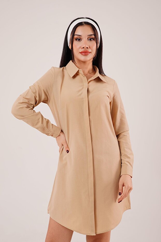 Long Sleeve Camel Tunic Shirt Dress
