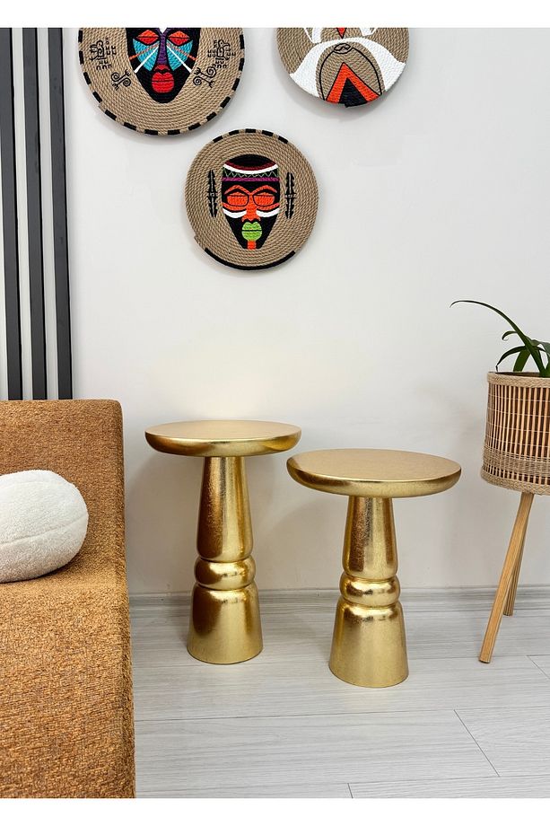 Ahşap 2’li Set Handmade Mantar Yan Sehpa Modern Altın Renk Varak Jelatin Fiskos Zigon Çiçeklik - 5