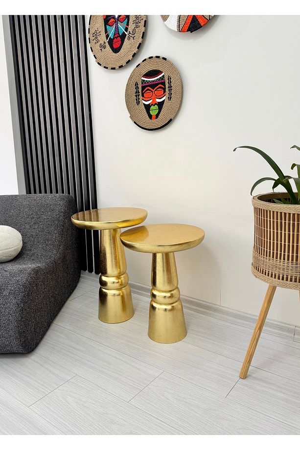 Ahşap 2’li Set Handmade Mantar Yan Sehpa Modern Altın Renk Varak Jelatin Fiskos Zigon Çiçeklik - 2
