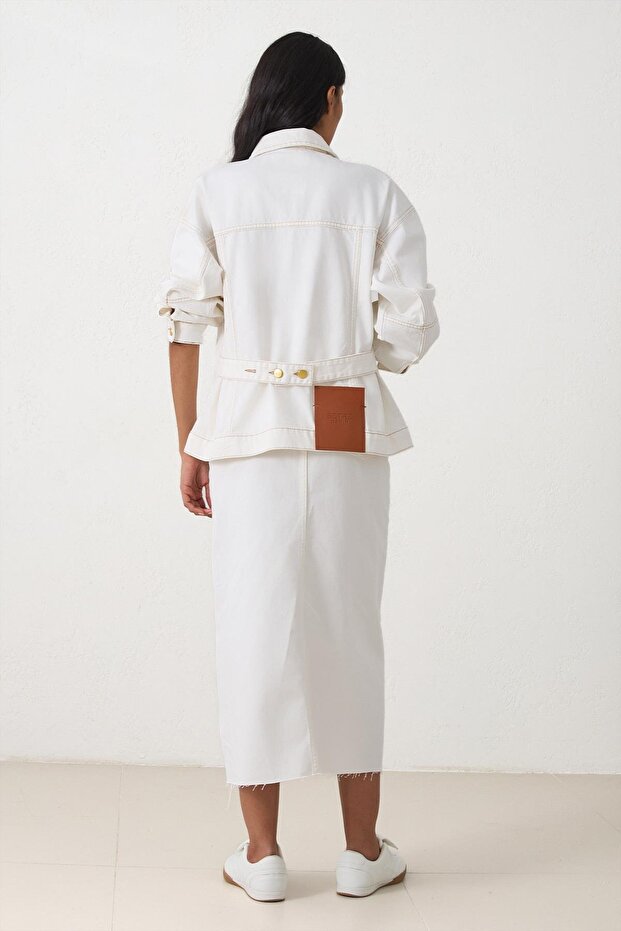 Ekru Yırtmaç Detaylı Desenli Midi Boy Kot Etek - 6