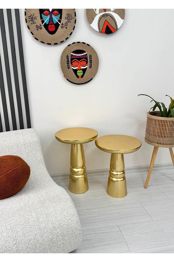 Ahşap 2’li Set Handmade Mantar Yan Sehpa Modern Altın Renk Varak Jelatin Fiskos Zigon Çiçeklik - 7