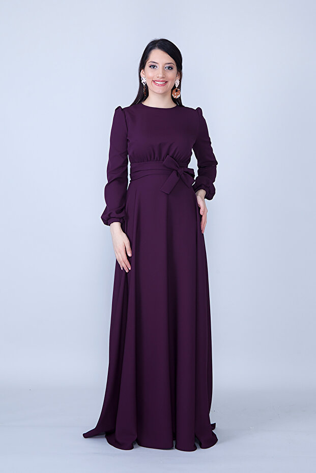 Plum Crew Neck Long Sleeve Woven Fabric Waist Drawstring Belted Maxi Length Invitation & Evening Dress with Pockets