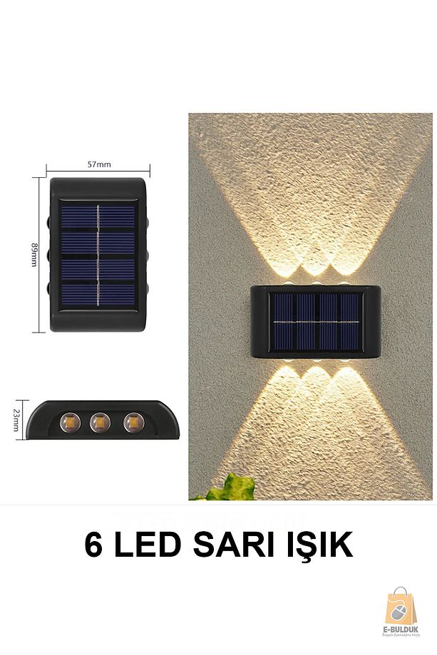 Güneş Solar Enerjili Aplik Işık-2 Adet 6 Ledli Sarı Günışığı- Dekoratif Aplik Işık-su Geçirmez - 4