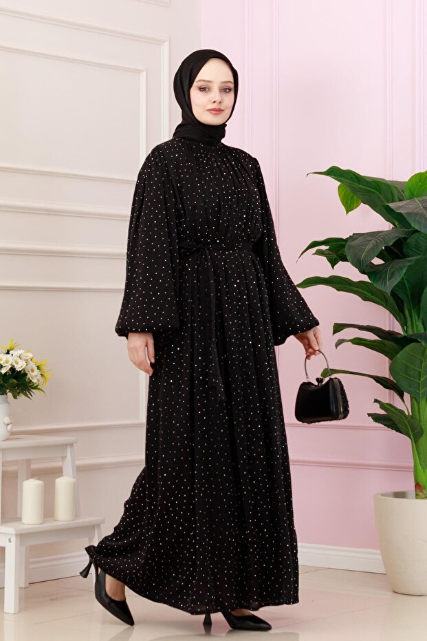 Balloon Sleeve Stoned Shimal Evening Dress-Black