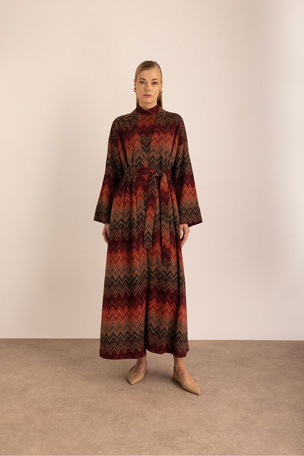 Desenli Simli Örme Kimono - 1