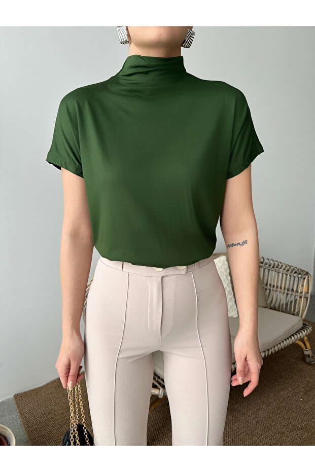 Women's Khaki Stem Neck Viscose Elasthan Fabric Off-Shoulder Blouse