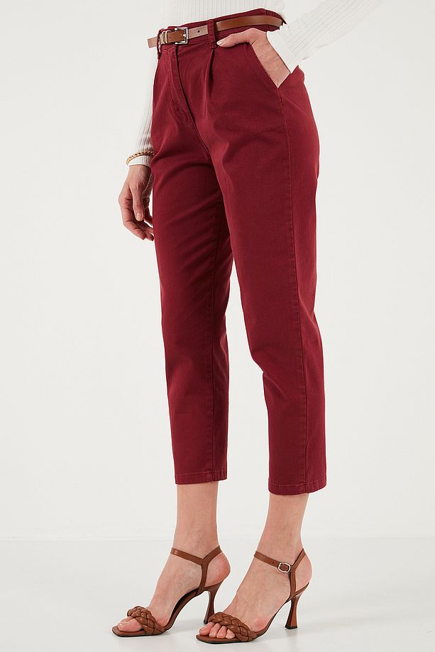 Streç Pamuklu Regular Fit Yüksek Bel Düz Kısa Paça Kemerli Pantolon PANTOLON 668YP5335 - 4