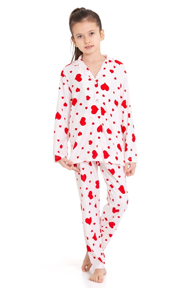 Girl's White Button Red Heart Suede Fabric Pajama Suit