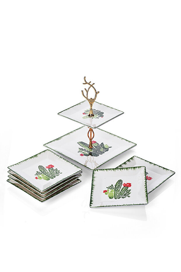 Cactus Ceramic Double Layer Presentation Plate & 6-Piece Dessert Cake Plate Cookie Serving Set