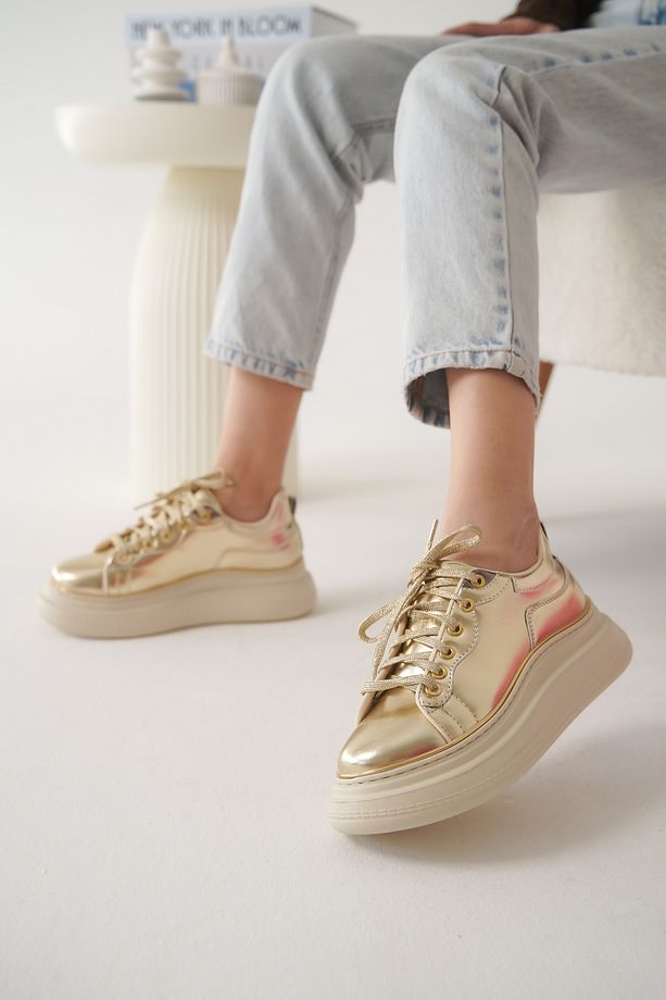 Kadın Kalın Taban Bağcıklı Sneaker Cona Altın - 3