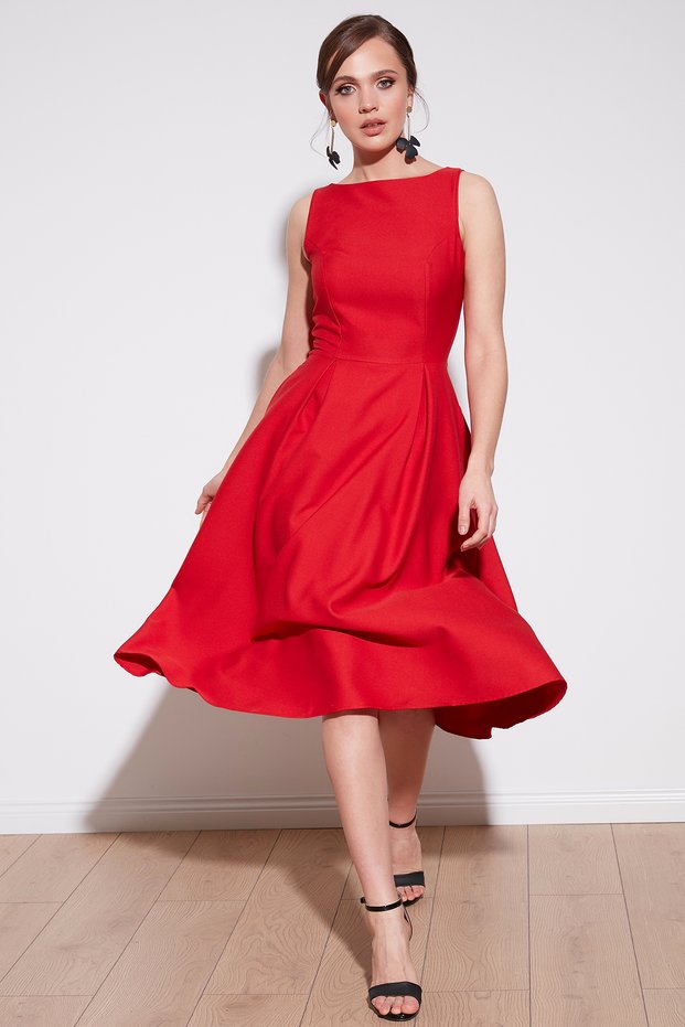 Crew Neck Regular Fit Pocketed Pleated Midi Dress DRESS 6051963