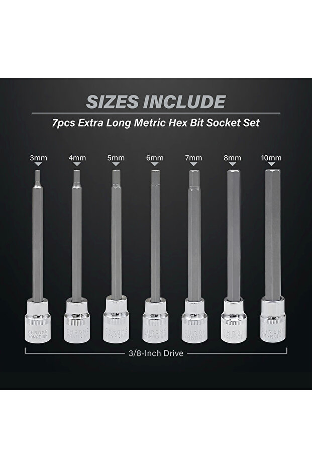 طقم مقابس سداسية طويلة للغاية مكون من 7 قطع H3-H10 CR-V وS2 مادة محرك 3/8 بوصة بطول 110 مم مع - 2