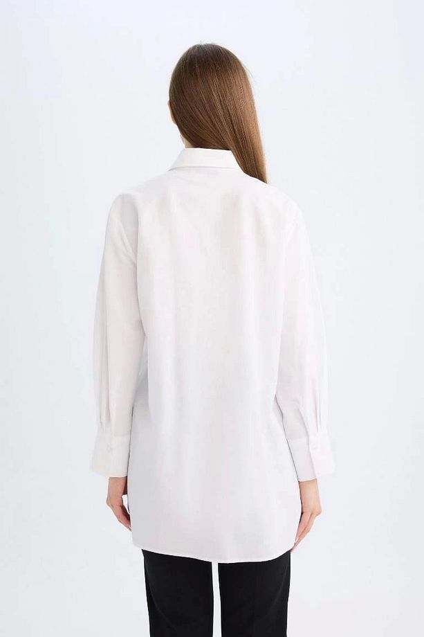 D4773 Relax Fit Gömlek Yaka Poplin Basic Düz Uzun Kollu Beyaz Gömlek Tunik - 6