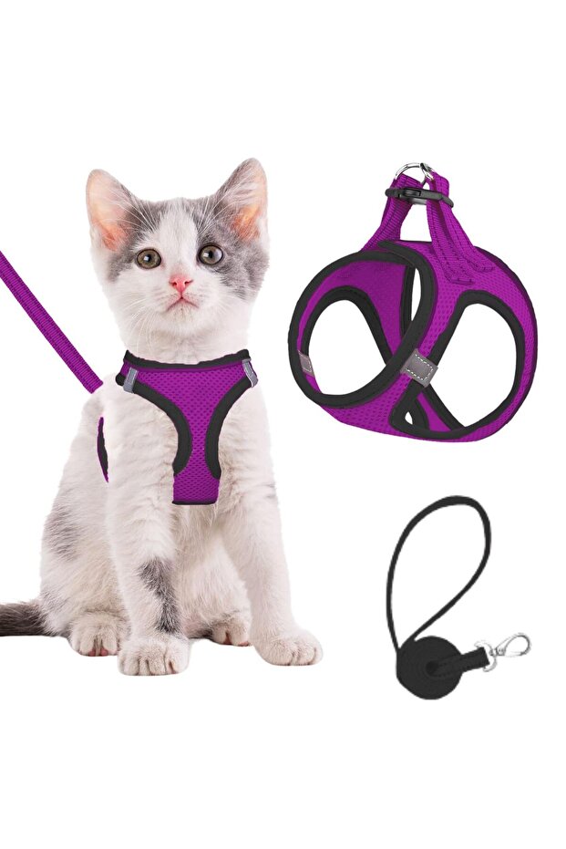 Cat Dog Collar Reflective Mesh Breathable Fabric Cat Walking Collar with Harness Purple L