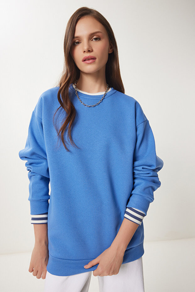 Oversize Şardonlu Basic Sweatshirt GÖK MAVİ LOW0001 - 1