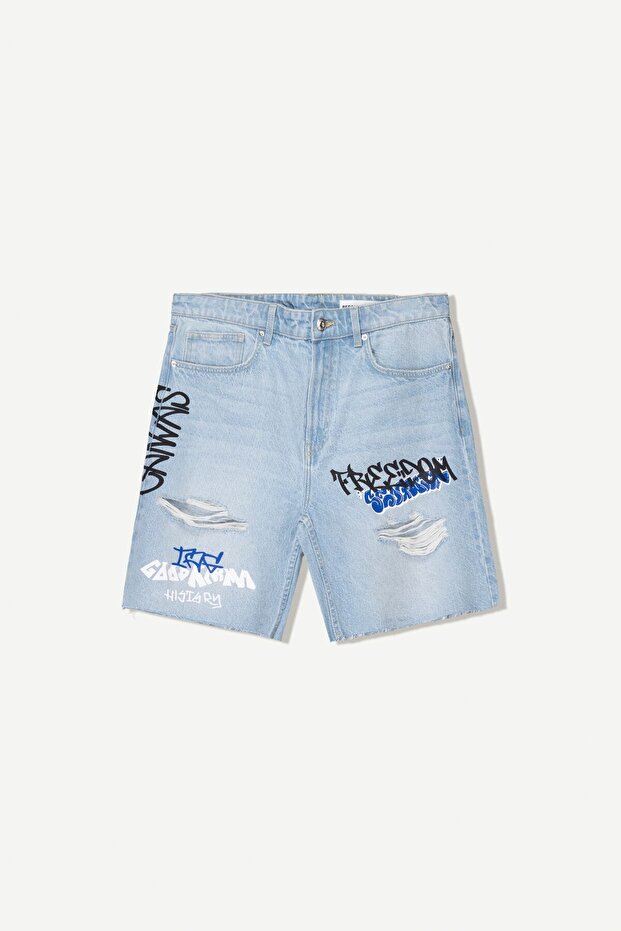 Desenli denim bermuda şort - 1