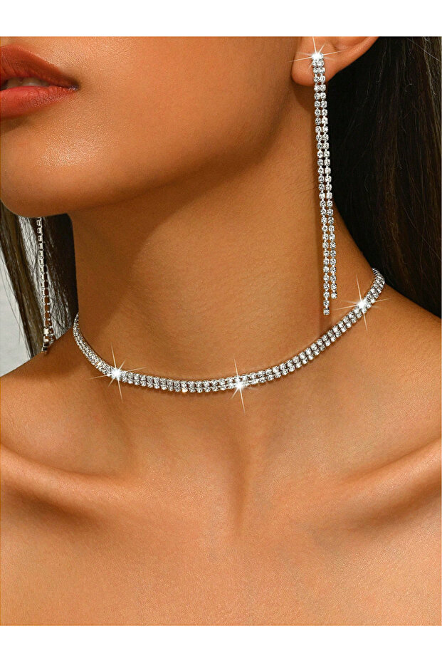 2 Rows Stylish Zircon Stone Waterway Silver Necklace Earring Set