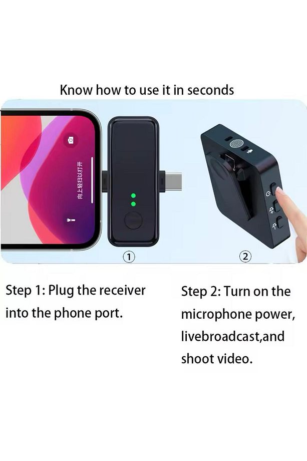 Bluetooth Kablosuz Mini 2 Adet Yaka Mikrofonu T-ypce ve Lightning Giriş Canlı Yayın Ses Video Kayıt - 5