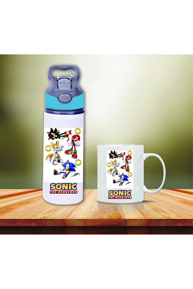 Sonic Printed Metal Water Bottle with Straw and Mug Cup-012