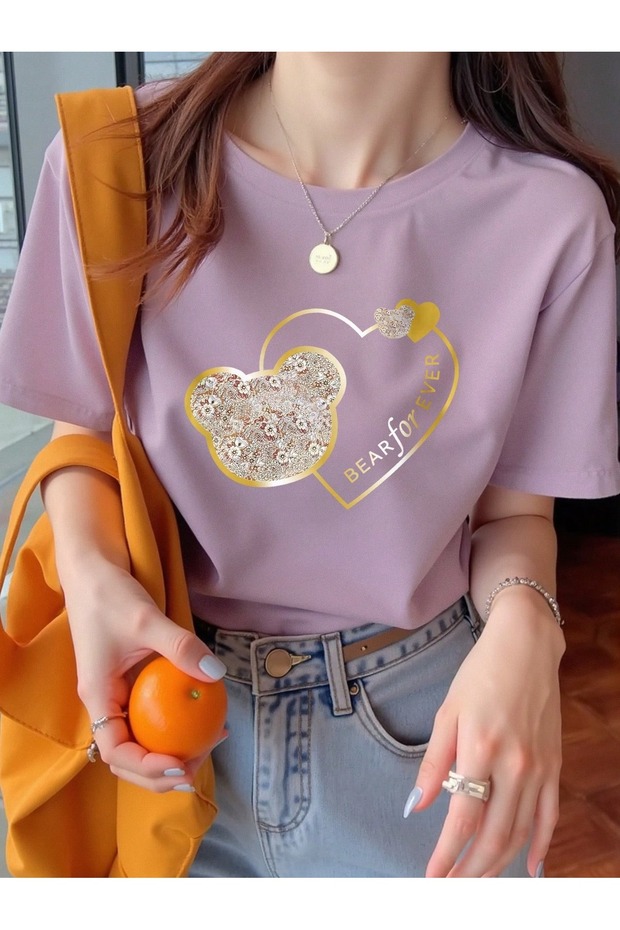Women's Lilac Bear for Ever Printed Oversize T-Shirt