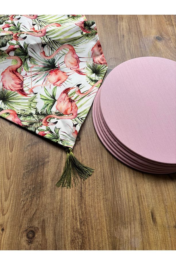 Flamingo Desen Duck Keten Runner ve 6'lı Pembe Supla Seti - 2