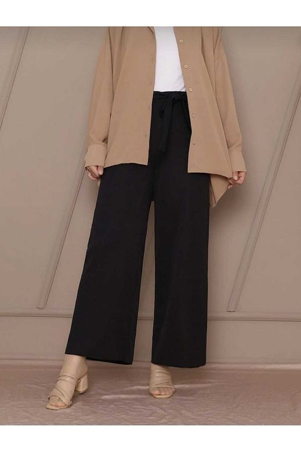 Kadın Beli Bağcıklı Krep Bol Paça Pantolon - 2
