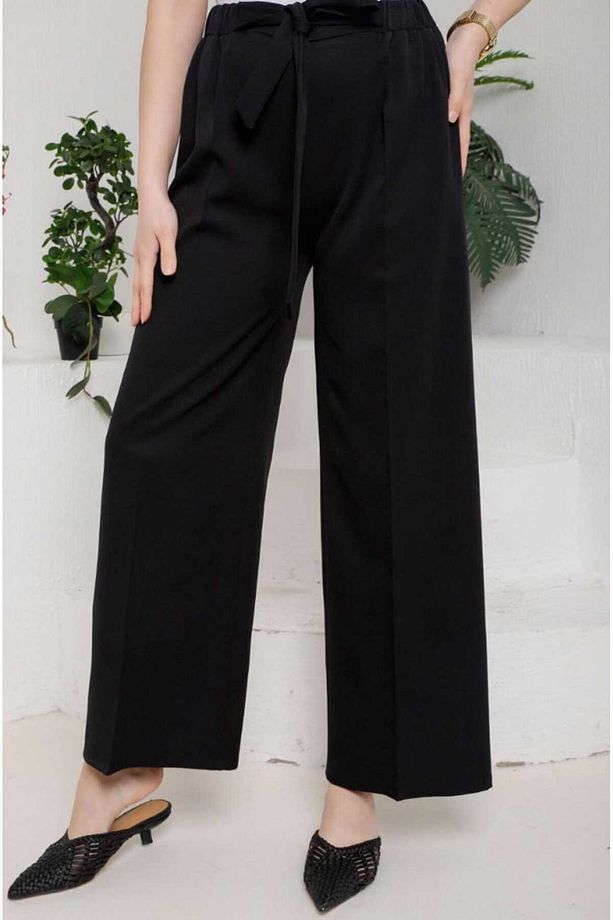 Kadın Beli Bağcıklı Krep Bol Paça Pantolon - 5