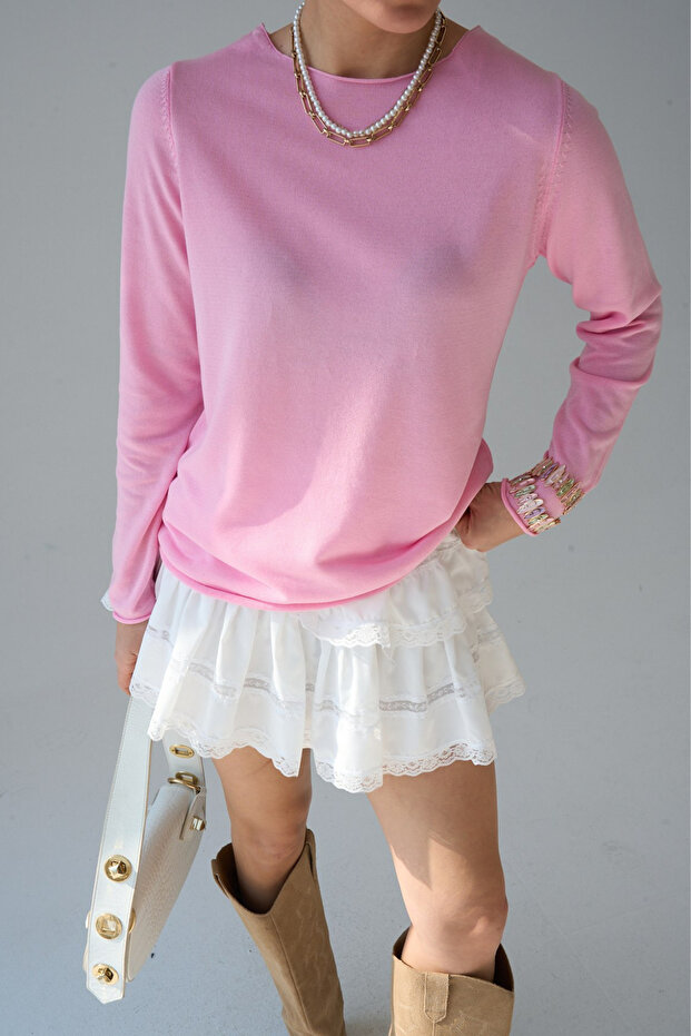 Kadın Pembe Bisiklet Yaka Basic Bluz - 3