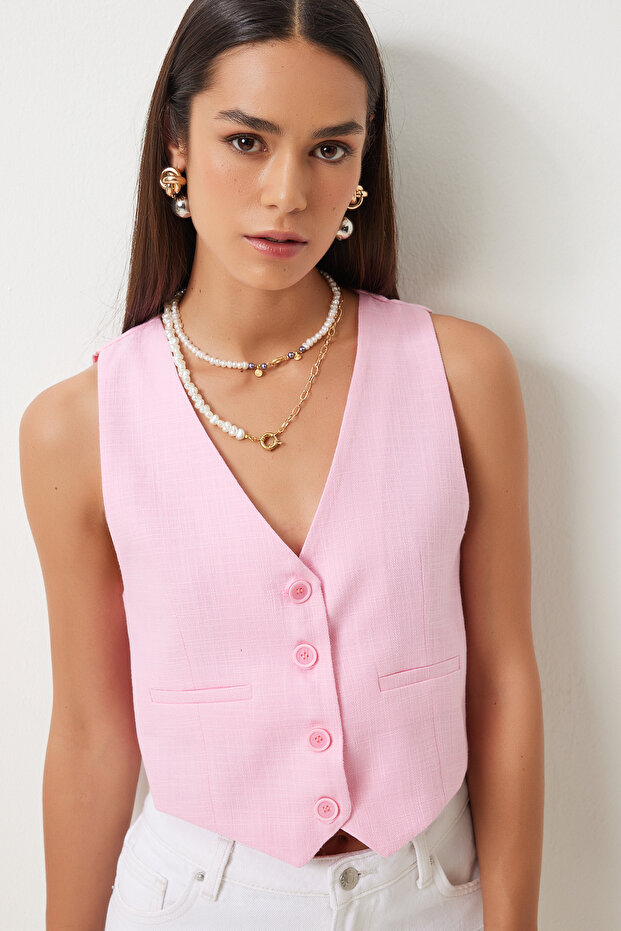V-Neck Linen Vest Pink Lkt0003
