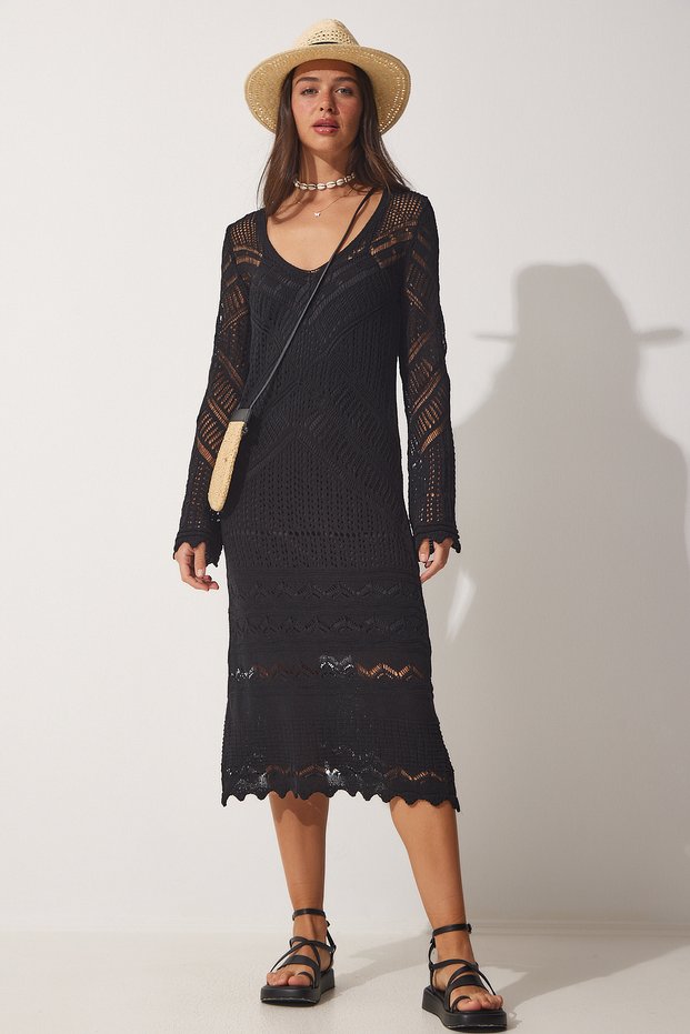 Spanish Sleeve Summer Openwork Knitwear Dress Black Lns0003
