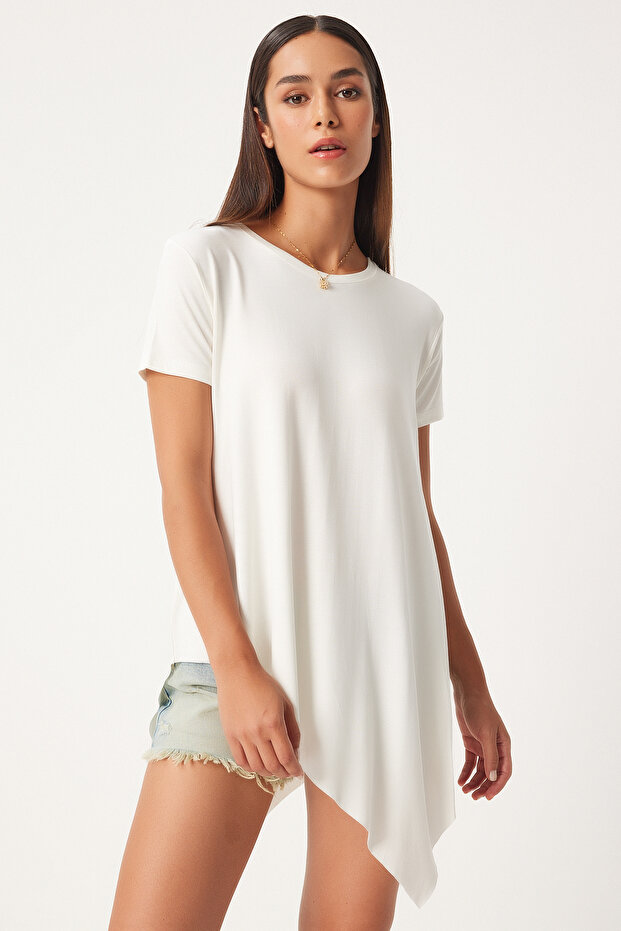 Asymmetric Knitted T-Shirt Ekru Len0005