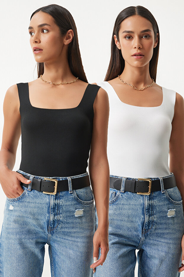2-Piece Square Collar Thick Strap Knitwear Blouse Black White Lus0001