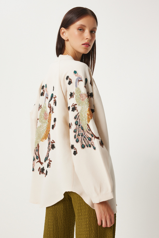 Embroidery Embroidered Linen Kimono Cream Orange Lde0004