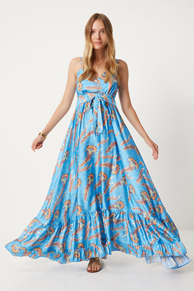 Blue Patterned Satin Summer Dress - Ldp0006