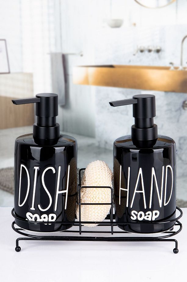 2'li Metal Stantlı ve Süngerli Sıvı Sabunluk Mutfak ve Banyo Seti, Hand and Dish Fenomen Set 500 ML - 1