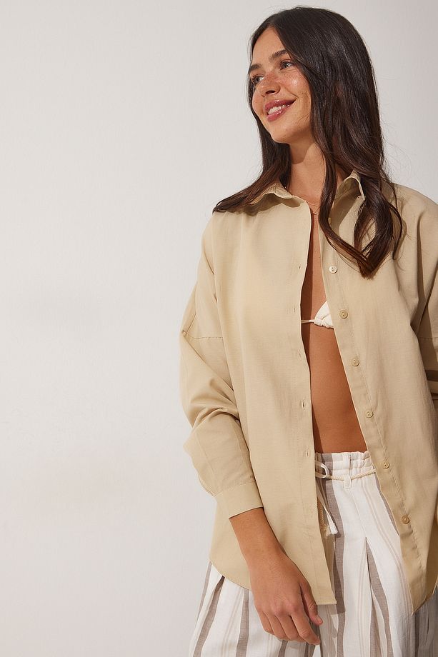 Oversize Basic Gömlek Koyu Krem Ldd0003 - 2