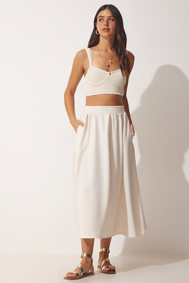 Linen with Pockets, Flared Skirt Cream (Lmc0007)