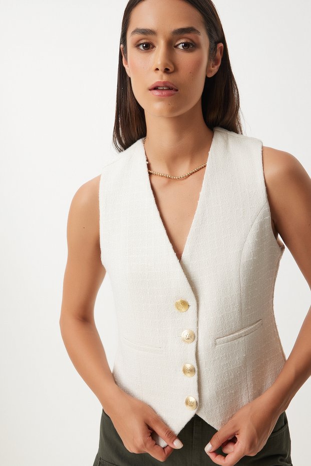 Metal Button Detailed Tweed Vest Ecru Lto0010