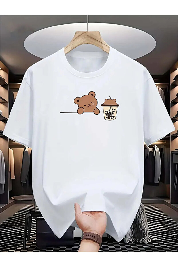 Bear Bubble Tea Baskılı Oversize T-shirt