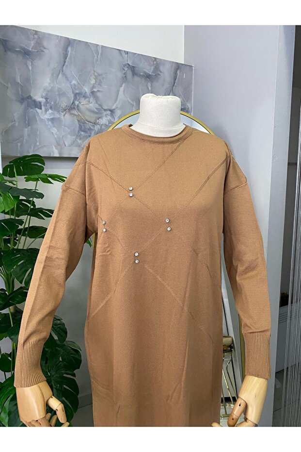 Taş Detaylı Merserize Elbise - 4