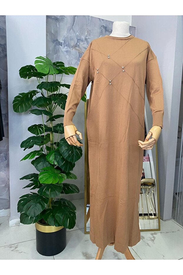 Taş Detaylı Merserize Elbise - 6