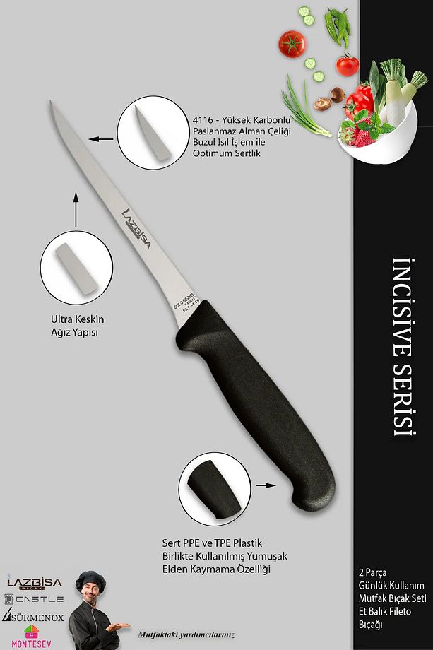 İncisive Serisi Mutfak Fileto Bıçağı Steak Bıçak Et Balık Tavuk Fileto Bıçağı 2 Li Set ( Mft-256 ) - 3