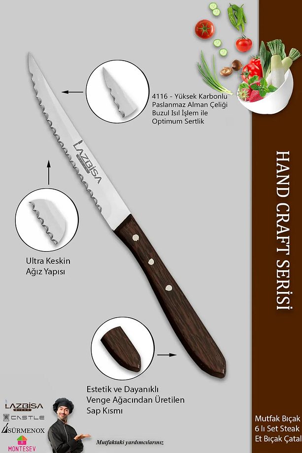 Hand Caft Serisi Steak Et Yemek Kahvaltı Çatalı 4 Lü Set Mutfak Bıçak Seti ( Mtf-063 ) - 3