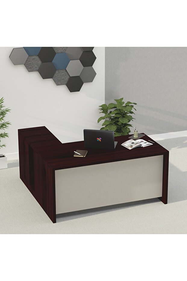 Noce 1825 L-Shaped Executive Wooden Desk with Melamine Finish-Dark Walnut with Grey