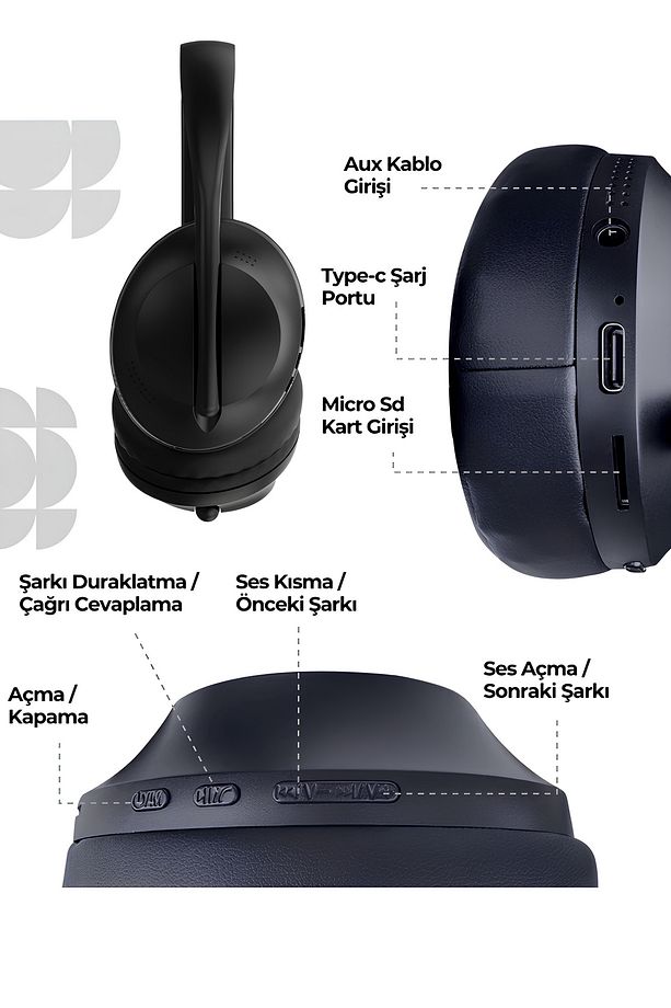 Kulaküstü Bluetooth Kulaklık Mikrofonlu İos Android Uyumlu Kablolu Kablosuz Kulak Üstü Kulaklik - 4