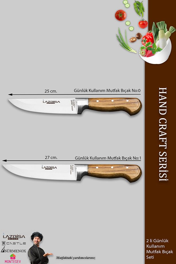 Hand Craft Mutfak Bıçak Seti Et Ekmek Sebze Bıçağı 2 Li Set Günlük Kullanım ( Mtf-127 ) - 3