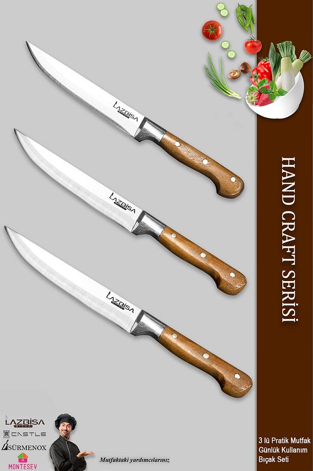 Hand Craft Mutfak Bıçak Seti Et Ekmek Sebze Meyve Bıçağı 3 Lü Set Günlük Kullanım ( Mtf-003 ) - 1